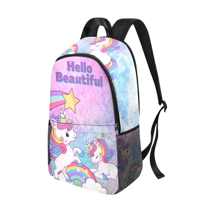 Hello Beautiful Unicorn backpack with mesh side pockets